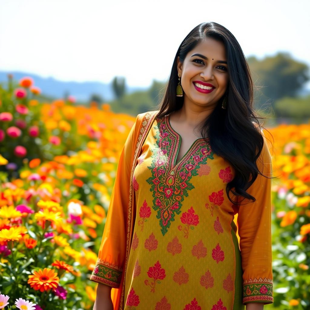 A 40-year-old Punjabi woman wearing a vibrant salwar kameez, adorned with intricate embroidery