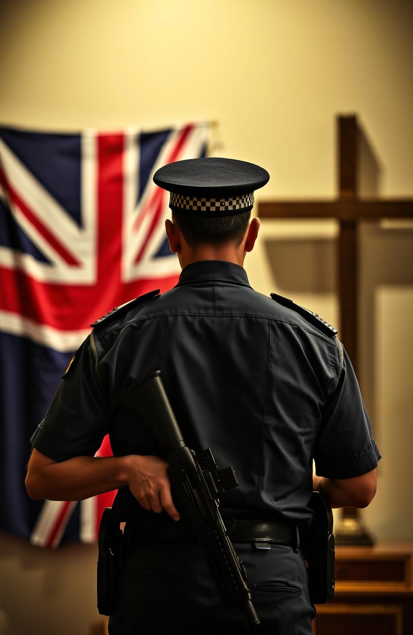 A police officer in plain clothes standing with his back to the viewer, holding a firearm in hand
