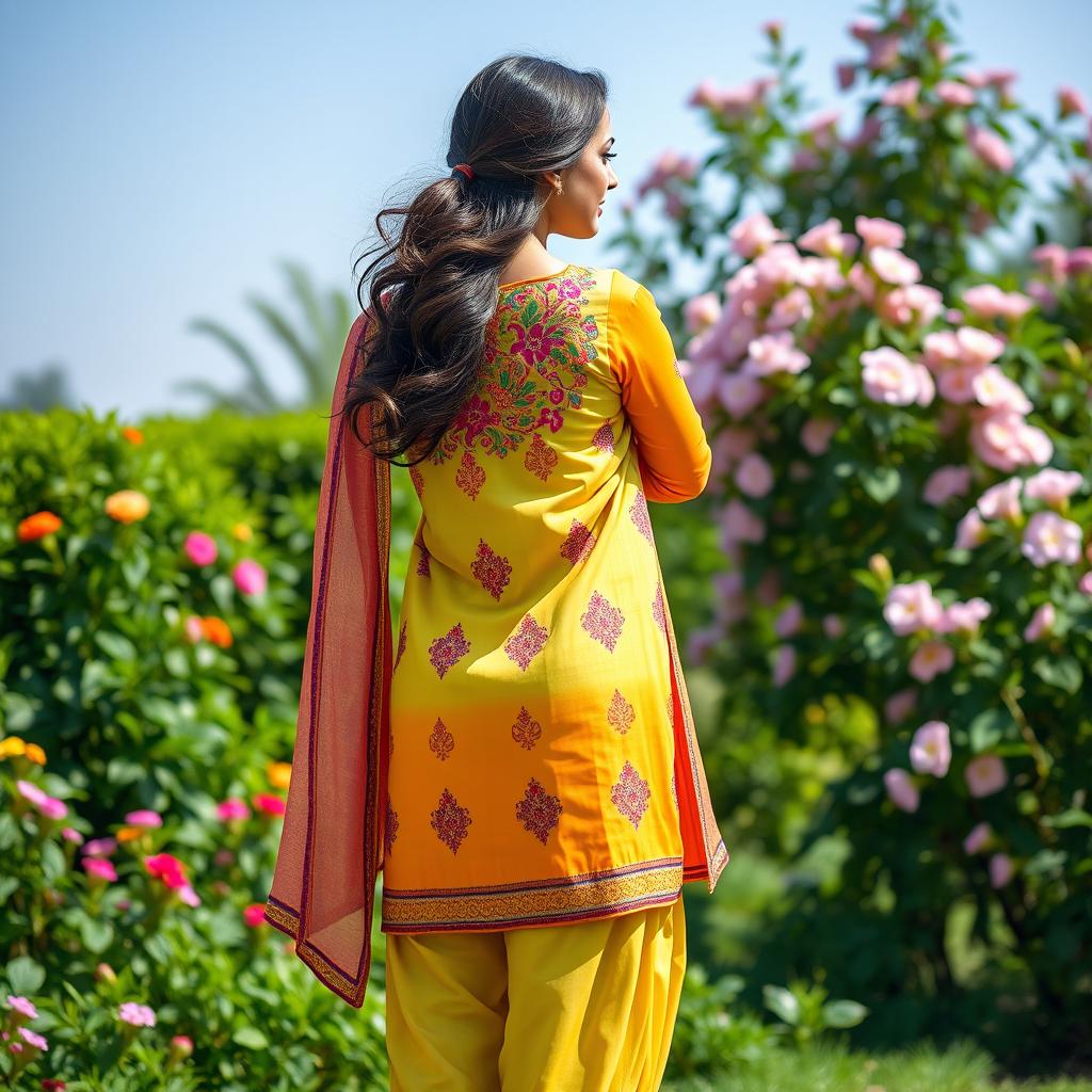 A 40-year-old Punjabi woman in a colorful salwar kameez, gracefully posed from a full-body back view