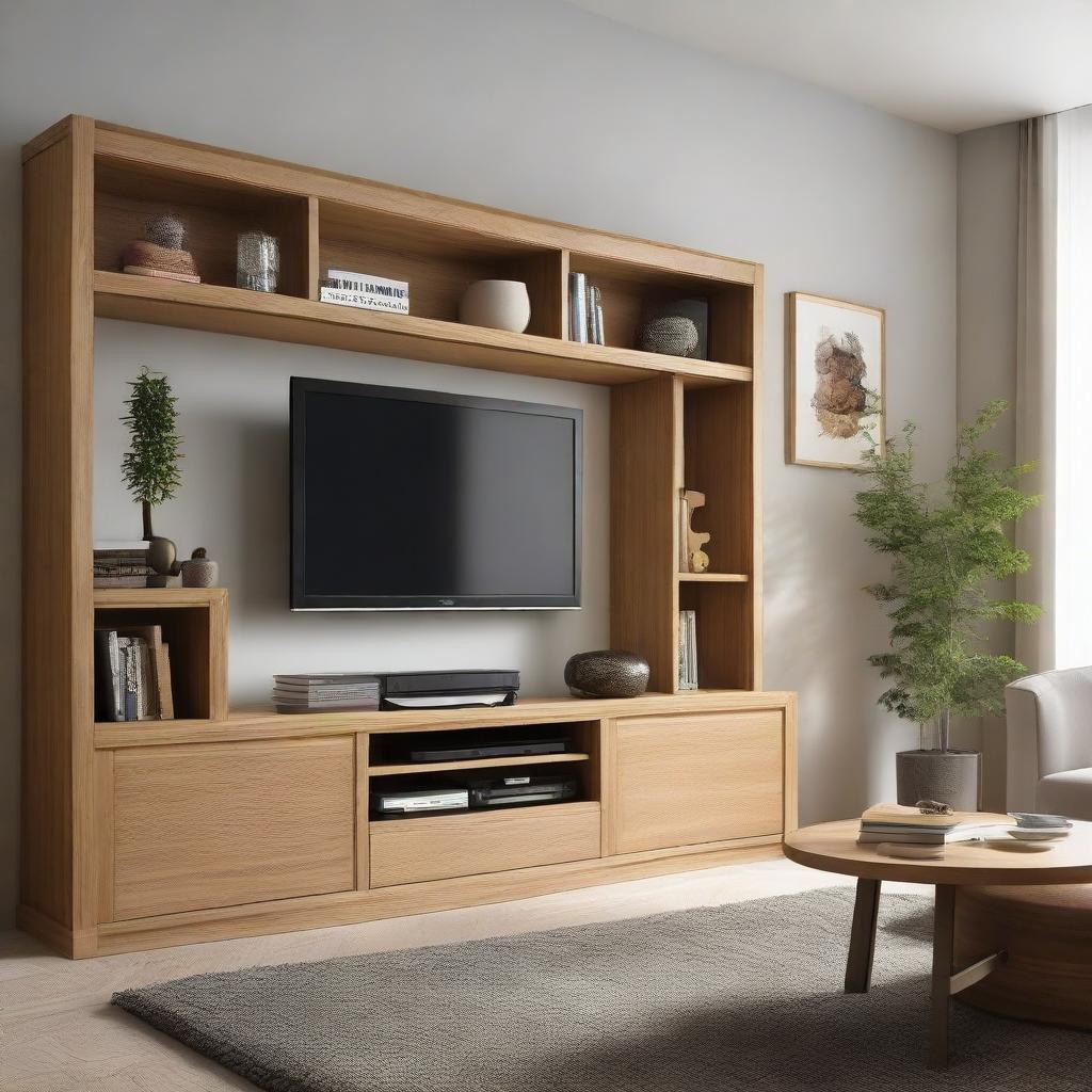 A modern and sophisticated TV unit made from oak, with built-in shelves holding various books and decorations. The unit houses a big-screen TV in its center stage.