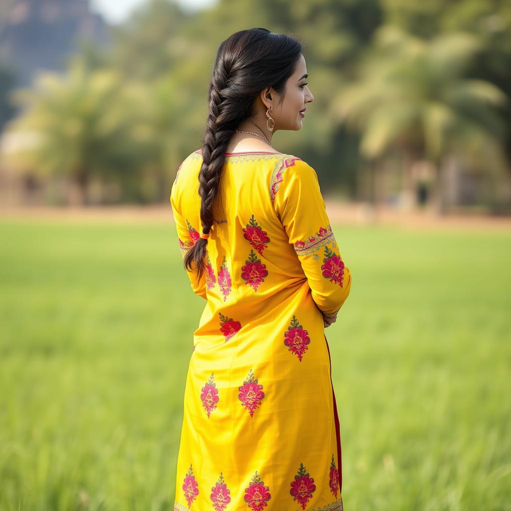 A 40-year-old Punjabi mom in a traditional salwar kameez, showcasing a full body back pose