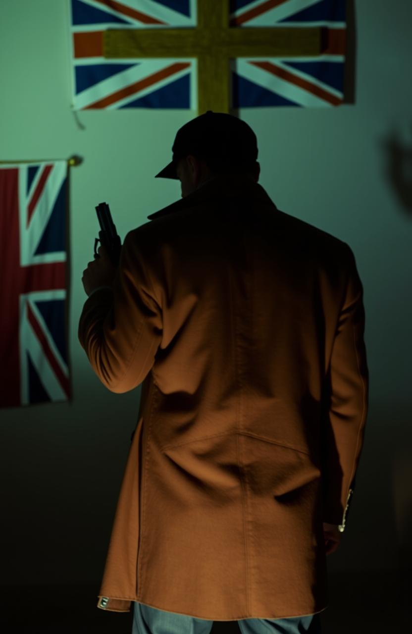 A mysterious thriller scene featuring a detective in civilian clothing, standing with his back to the viewer