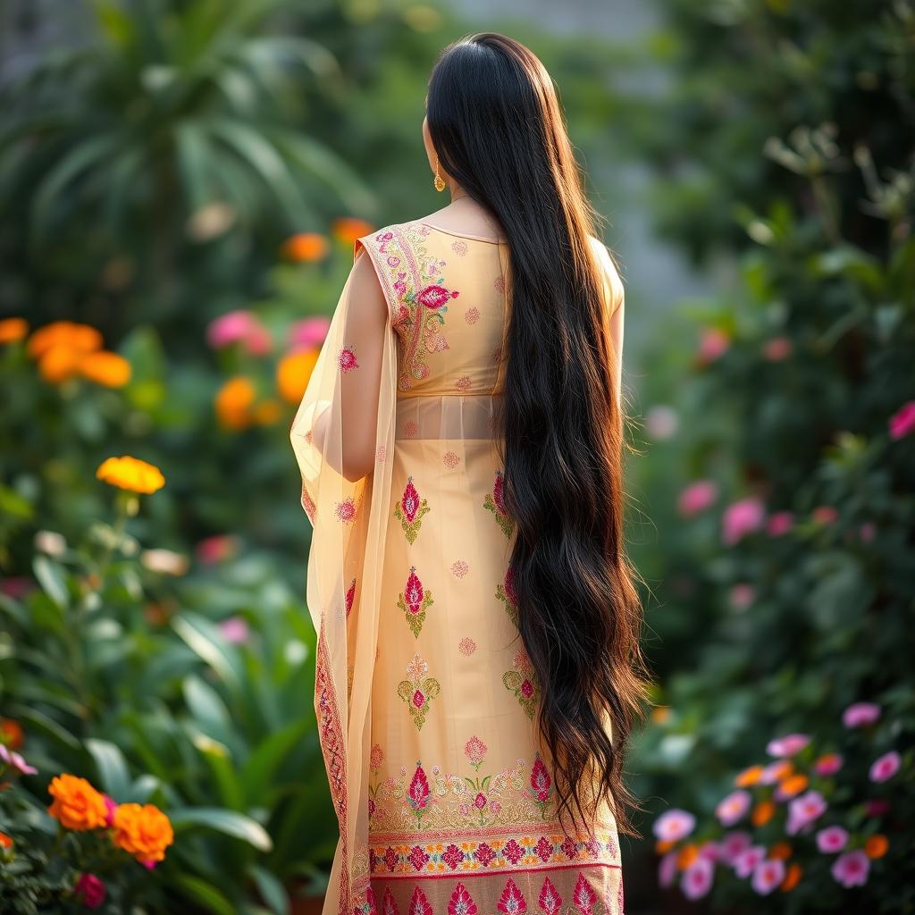 A 40-year-old Punjabi mom wearing a stunning transparent salwar kameez, showcasing intricate embroidery and vibrant colors