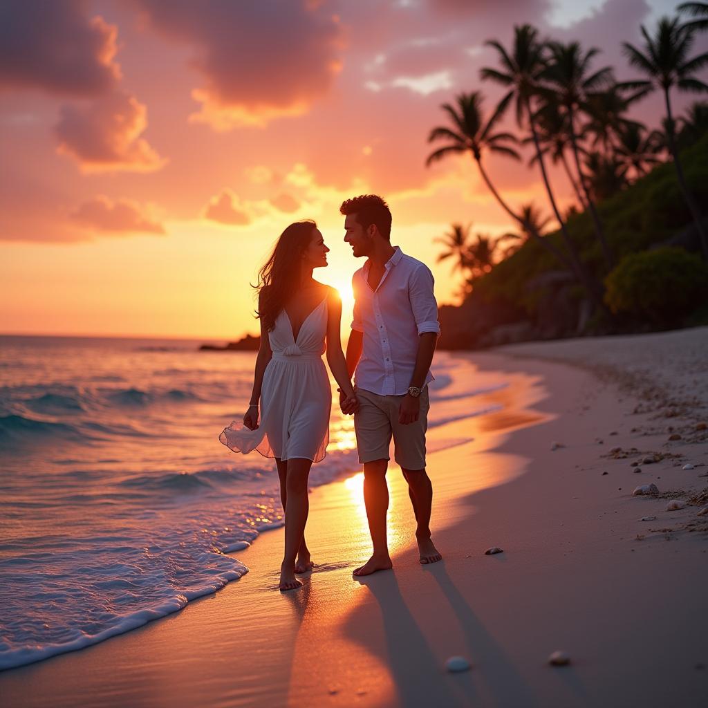 A romantic sunset beach scene featuring a couple in love