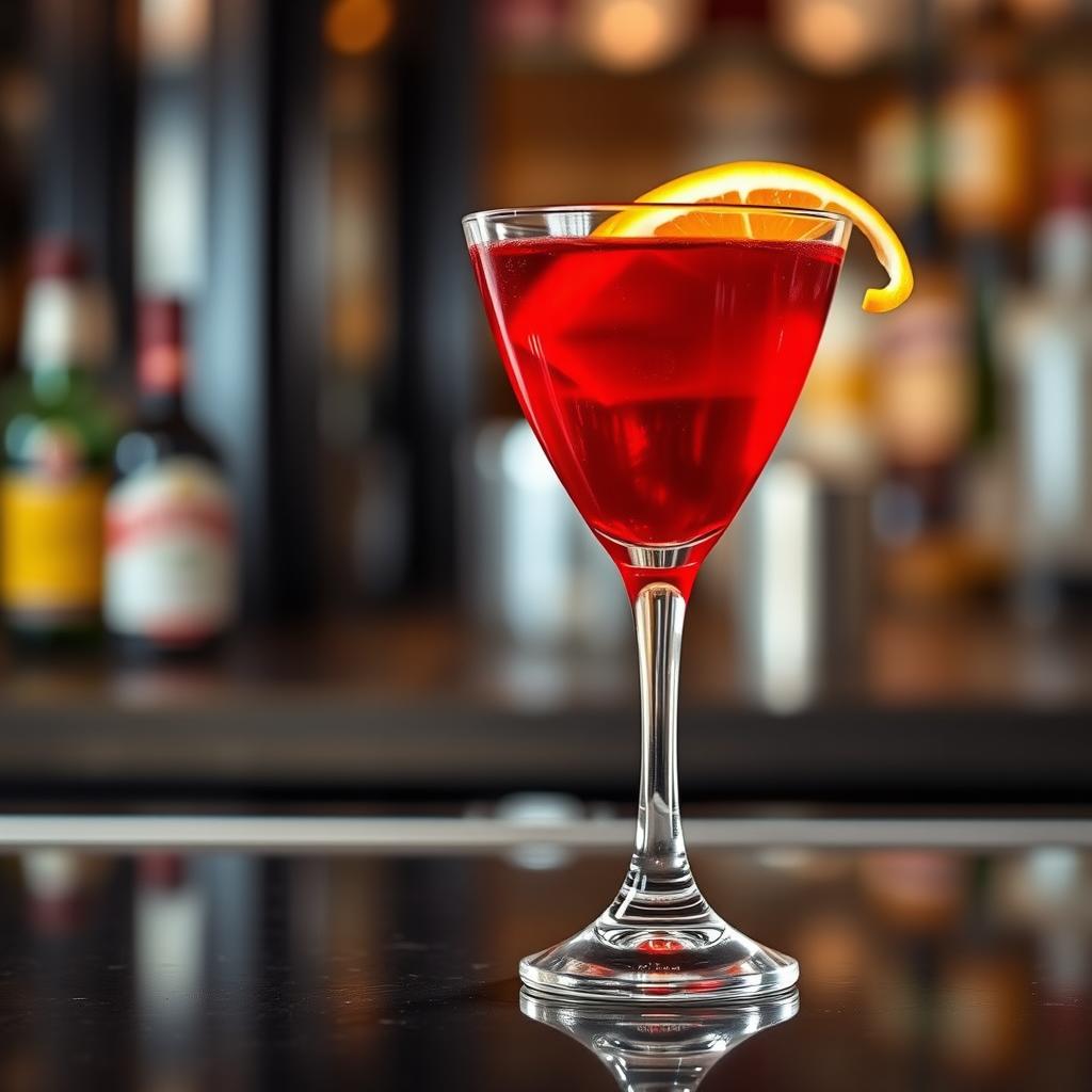 A vibrant and eye-catching Negroni cocktail served in a stylish glass, featuring its signature bright red color