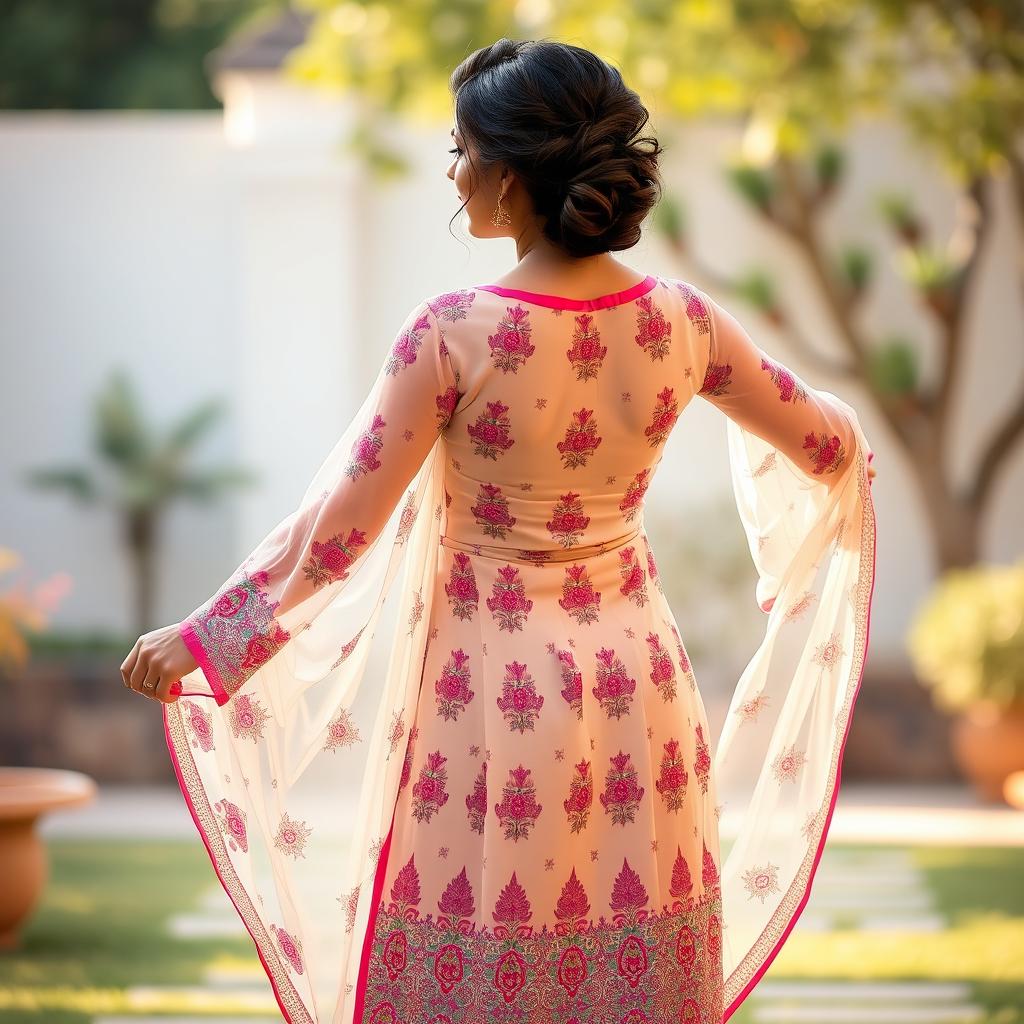 A 40-year-old Punjabi woman in a beautifully designed transparent salwar kameez, showcasing intricate patterns and vibrant colors