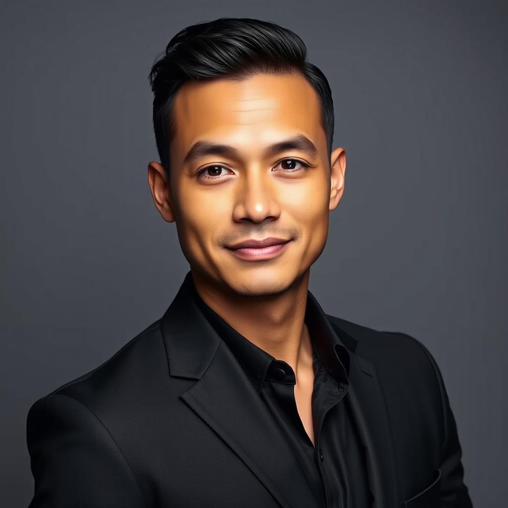 A portrait of a person wearing a sleek, tailored black suit, exuding confidence and sophistication