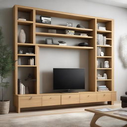 A modern and sophisticated TV unit made from oak, with built-in shelves holding various books and decorations. The unit houses a big-screen TV in its center stage.