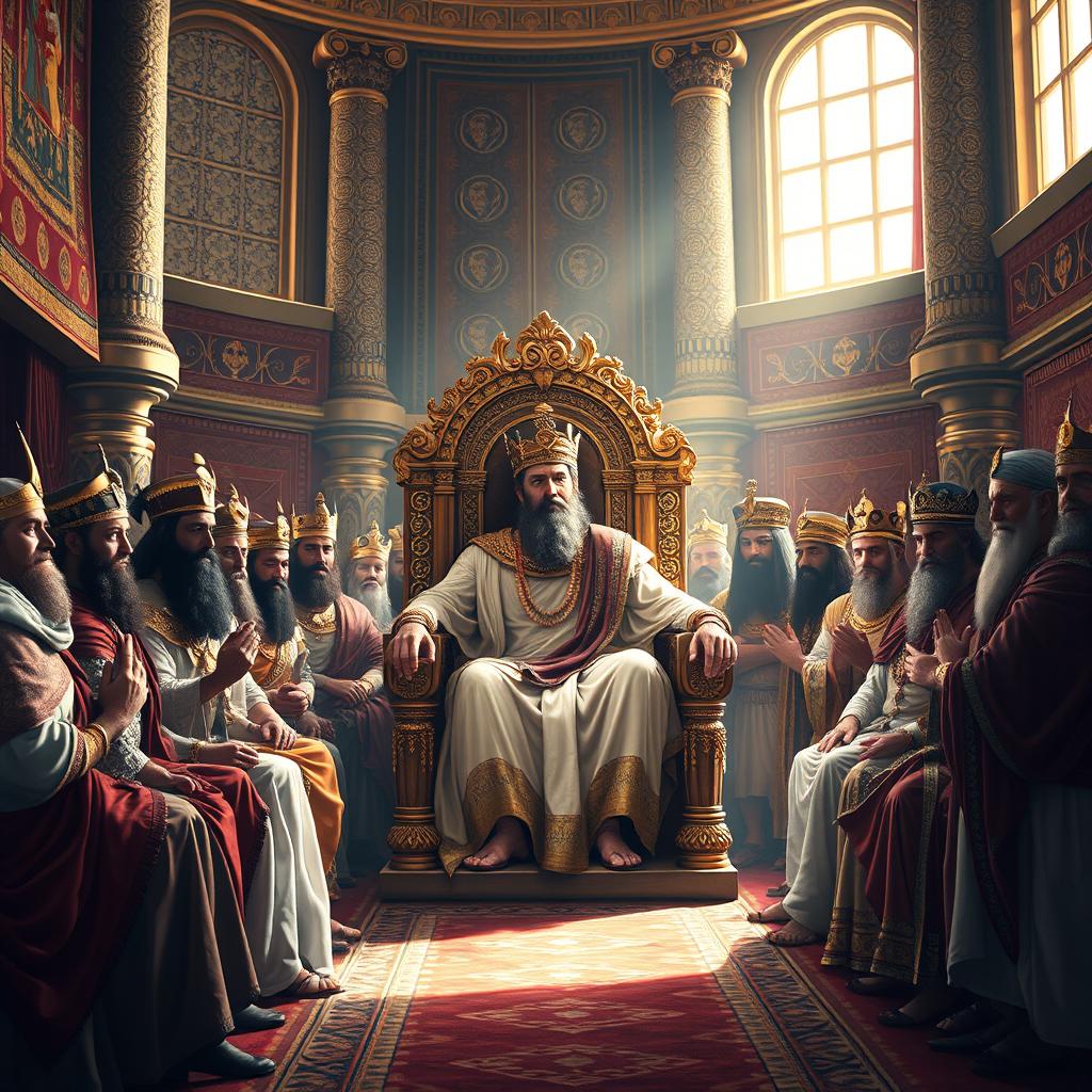 A grand portrayal of Cyrus the Great seated majestically on a lavish throne, surrounded by a diverse assembly of kings and dignitaries from various cultures across the ancient world