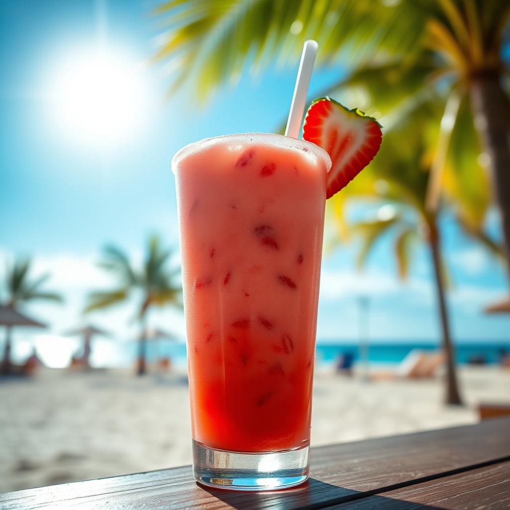 A refreshing frozen strawberry daiquiri, showing a vibrant concoction of crushed ice and fresh strawberries blended together, served in a stylish glass with a frosty rim