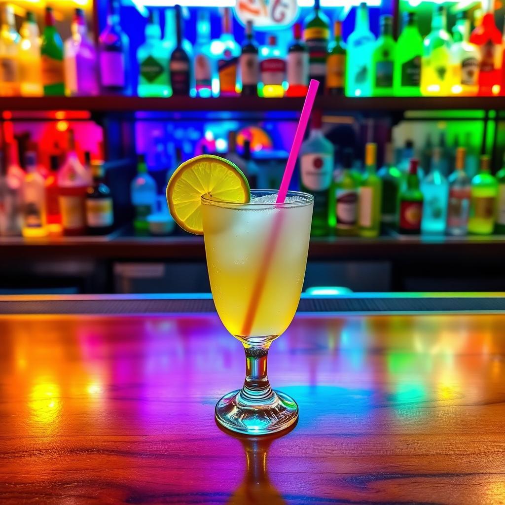 A vibrant daiquiri cocktail placed on a polished wooden bar top, with a colorful bar backdrop showcasing various bottles of spirits and glasses
