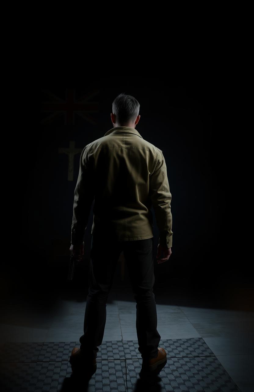 A suspenseful mystery thriller scene featuring a detective standing in the center, facing away from the viewer