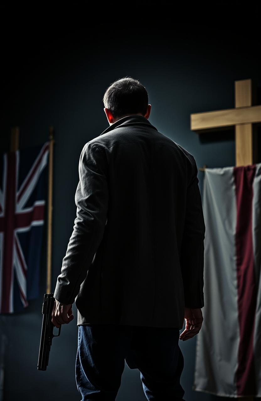 A gripping mystery thriller scene featuring a detective standing with his back turned, dressed in civilian clothing, holding a firearm in one hand