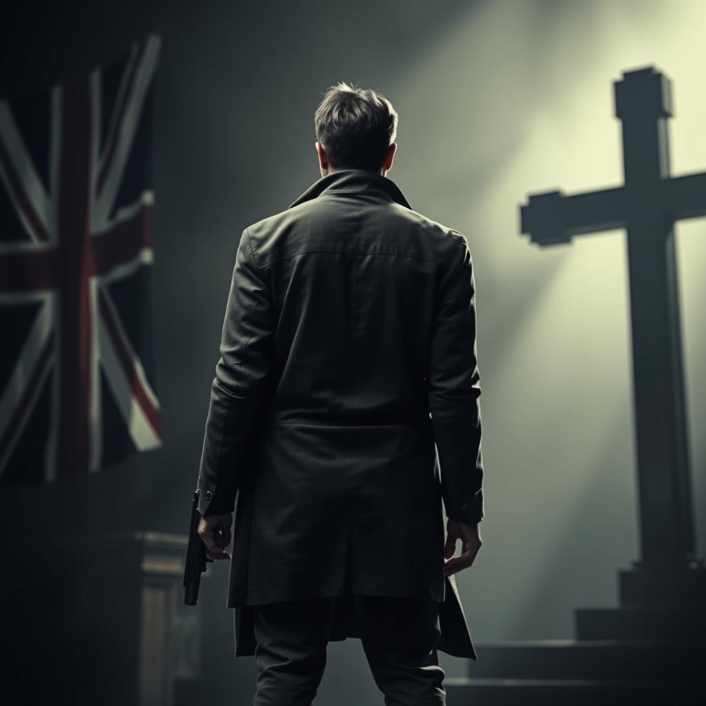 A thrilling mystery scene featuring a detective positioned centrally, facing away, dressed in civilian attire, gripping a firearm in one hand