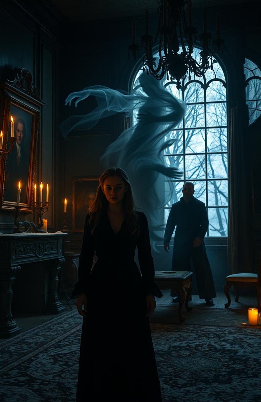 A chilling winter scene set in an old Irish stately manor, evoking a sense of horror and despair