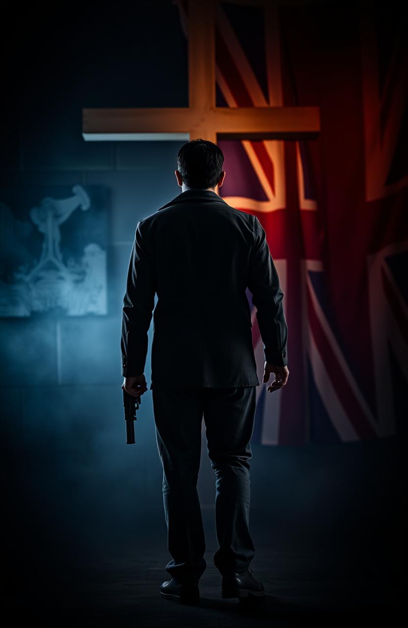 A thrilling mystery scene featuring a detective at the center of the image, standing with his back to the viewer