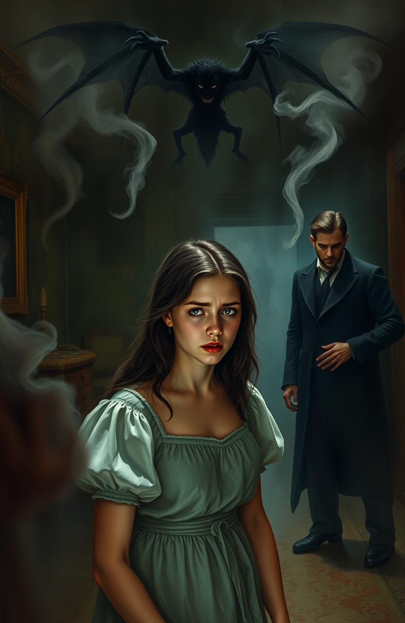 A young woman in an old stately manor, looking frightened as she is surrounded by malevolent spirits manifesting as shadowy figures and eerie wisps of mist