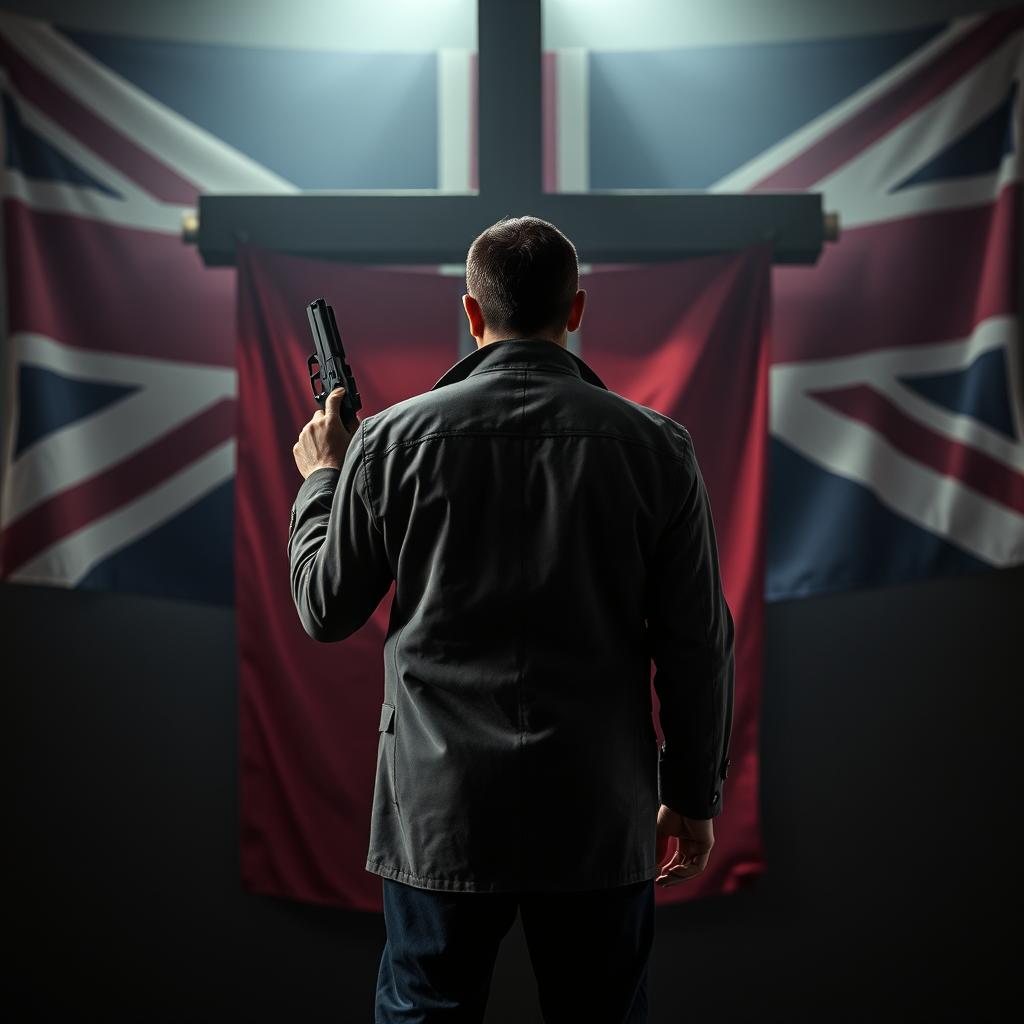 A gripping mystery thriller scene featuring a detective centrally positioned, standing with his back to the viewer