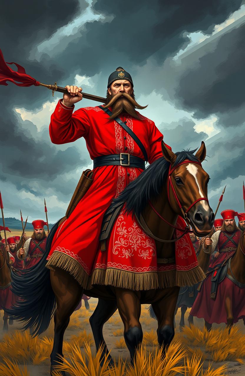 An evocative illustration inspired by Nikolai Gogol's 'Taras Bulba', featuring a dramatic scene of Cossack warriors in traditional attire