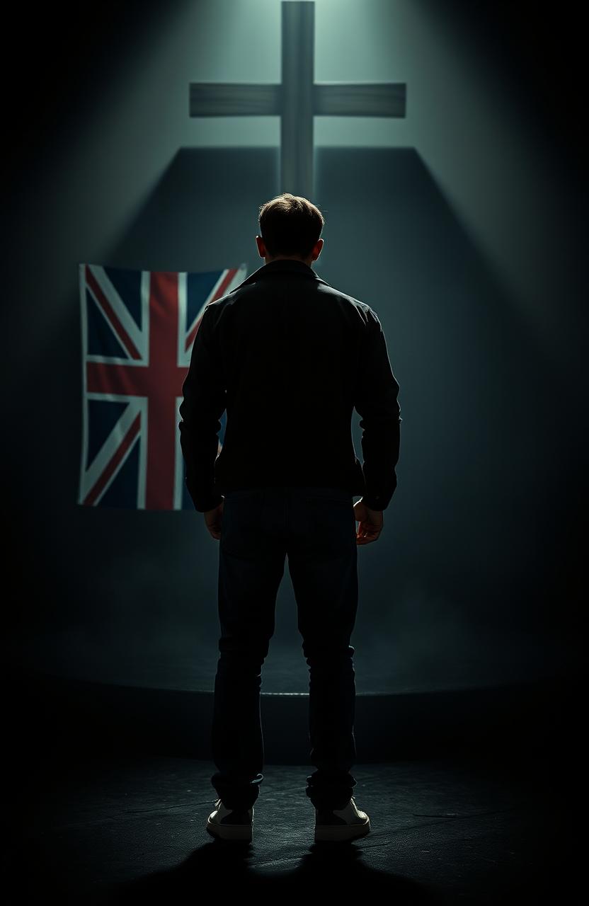 A mysterious thriller scene featuring a detective in the center, standing with his back turned, dressed in casual civilian clothing