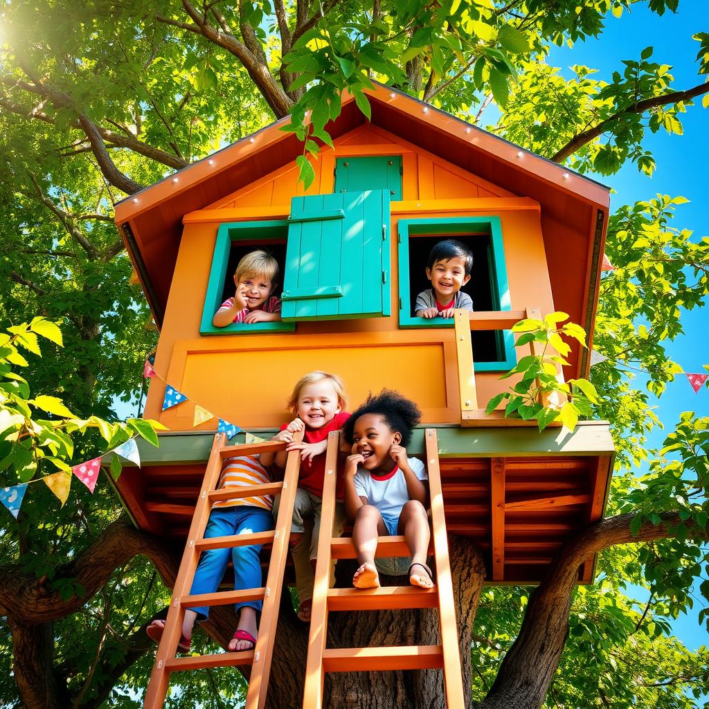 A vibrant scene of four children playing joyfully in a treehouse, surrounded by lush green trees and bright blue sky
