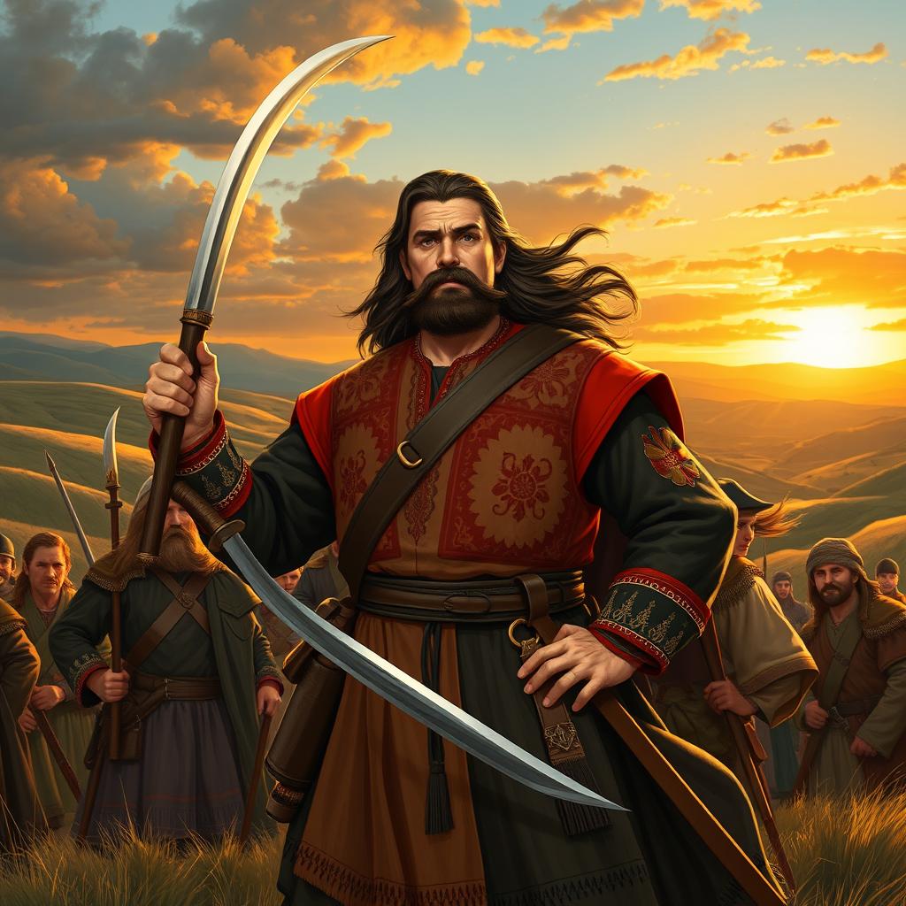 A dramatic illustration inspired by "Taras Bulba" by Nikolai Gogol, depicting Taras Bulba, a fierce and proud Cossack leader, in traditional Cossack attire with elaborate embroideries