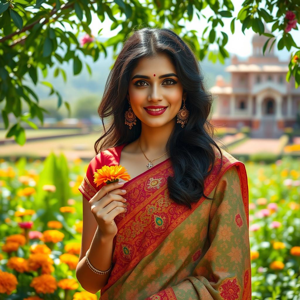 A beautiful Indian woman with dark, flowing hair, dressed in a vibrant traditional sari adorned with intricate patterns and embellishments