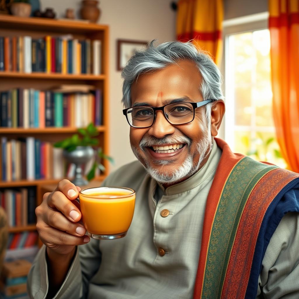 A portrait of a middle-aged Indian uncle with a warm smile, wearing traditional Indian attire such as a kurta and a shawl, set in a cozy living room filled with vibrant colors