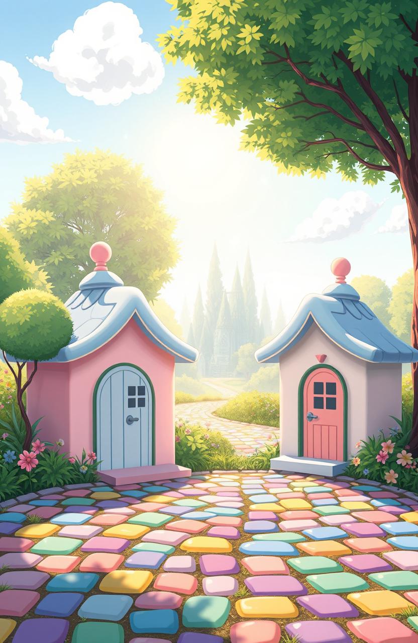 A peaceful, enchanted cartoon scene featuring two adorable, tiny cottages with cute round canopied roofs painted in soft hues of pink, lavender, mint green, and baby blue