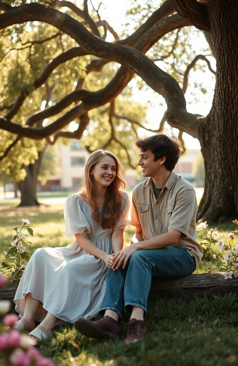 A soft and nostalgic high school romance scene titled "The Theory of Us" featuring two young adults, a boy and a girl, sitting together under a large oak tree on a sunny day