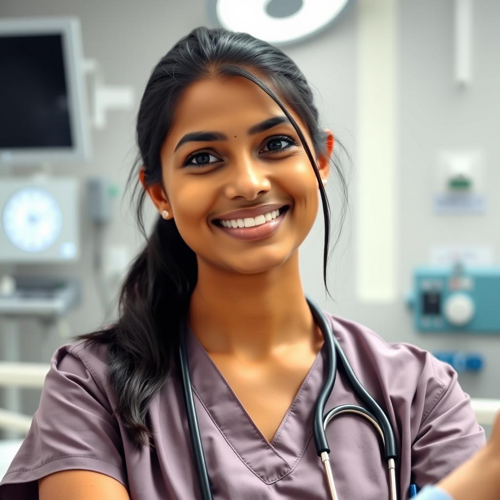 A professional Indian nurse in a well-lit hospital setting, wearing scrubs, with a stethoscope around her neck