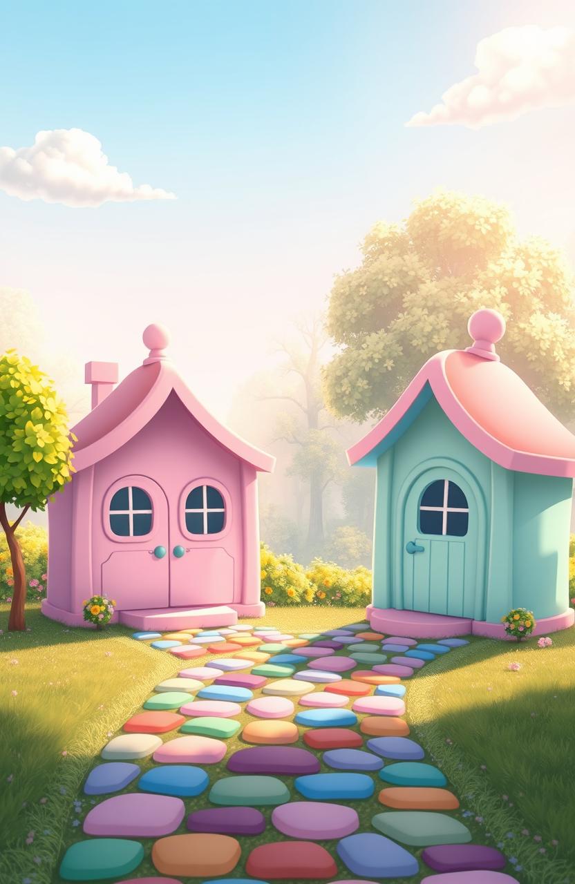 A peaceful, enchanted cartoon scene featuring two adorable, tiny cottages with cute round canopied roofs, painted in soft hues of pink, lavender, mint green, and baby blue