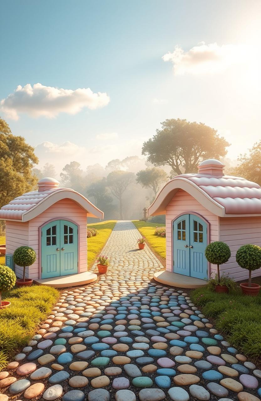 Imagine a peaceful, enchanted scene featuring two adorable, tiny cottages with rounded roofs, painted in soft hues of pink, lavender, mint green, and baby blue