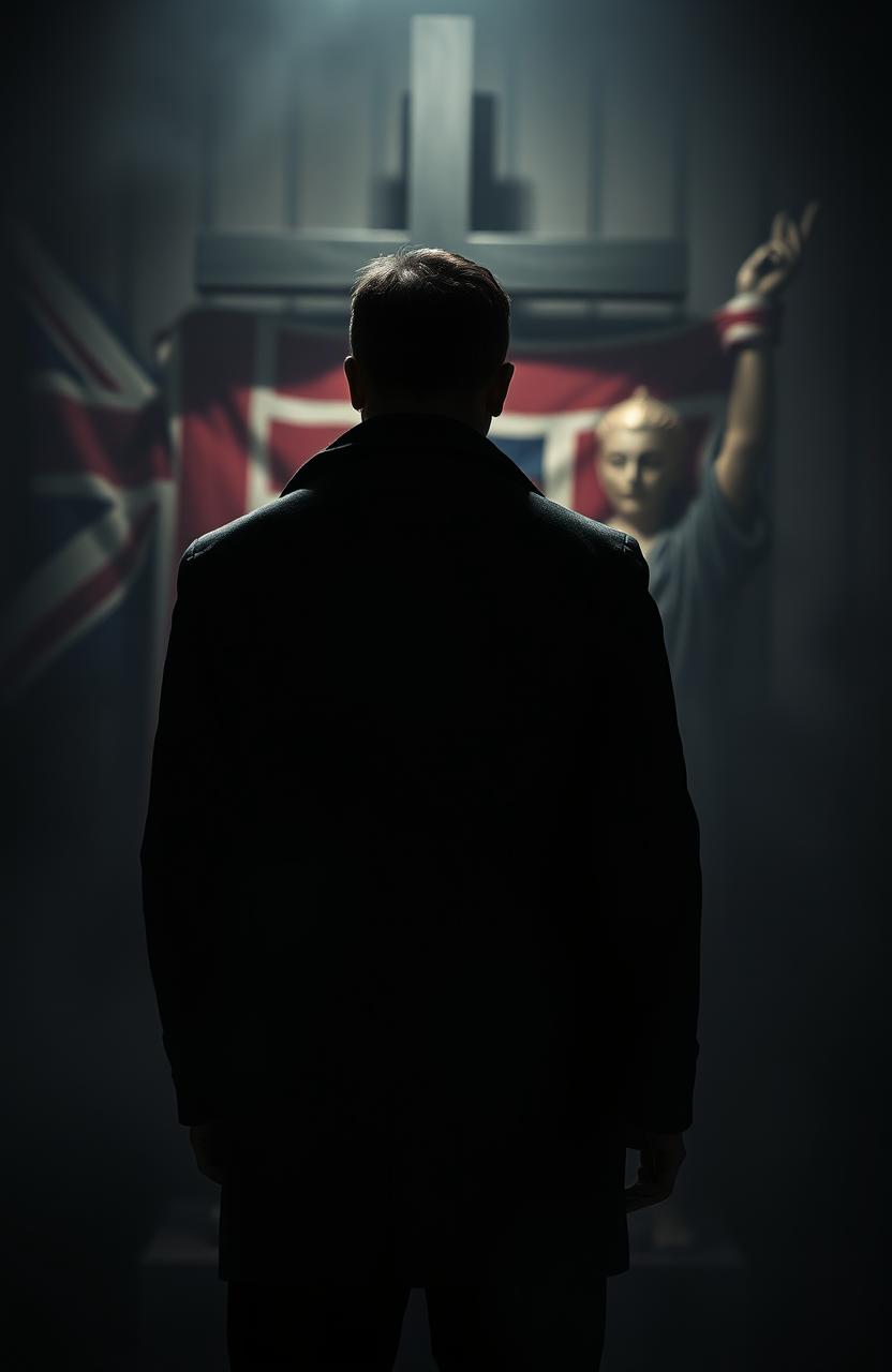 A mysterious thriller scene featuring a detective in civilian clothes standing with his back to the viewer