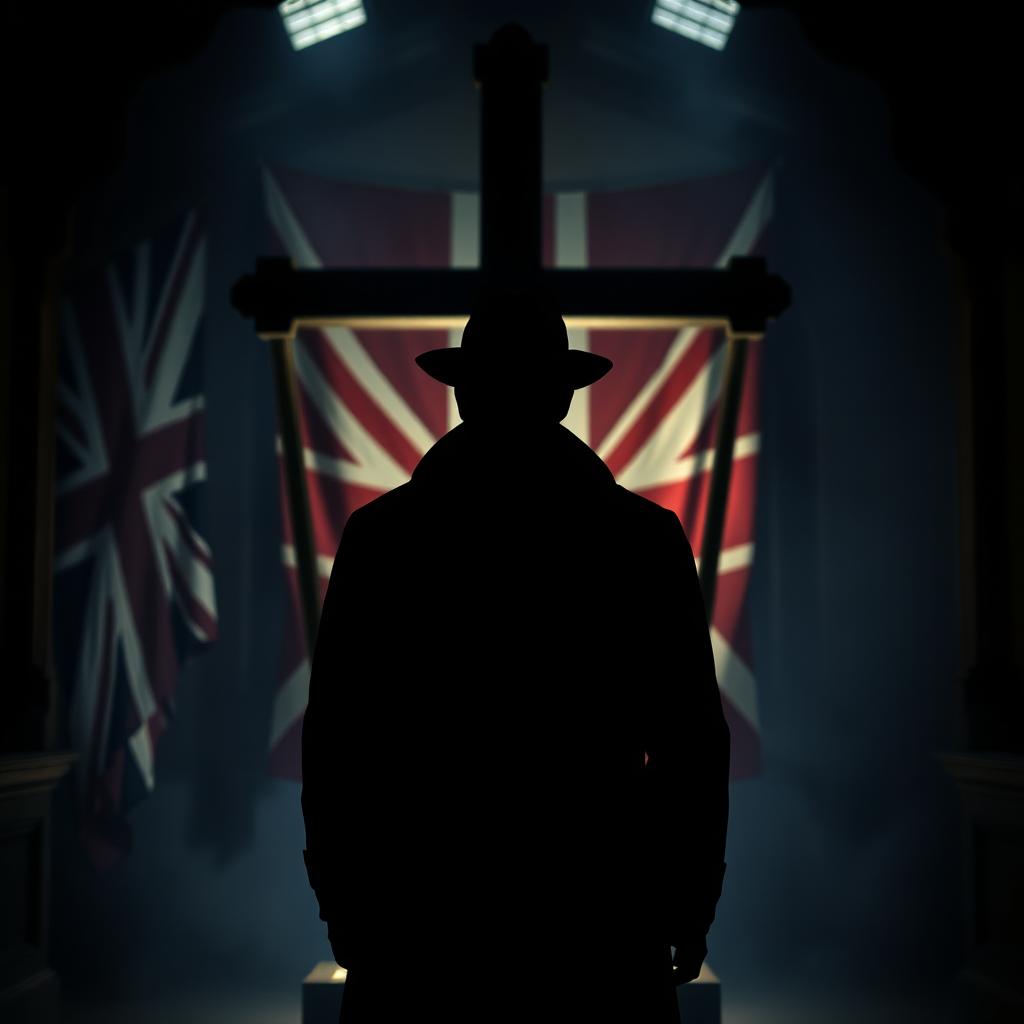 A captivating thriller mystery scene featuring a detective in civilian clothing positioned in the center of the frame, facing away from the viewer