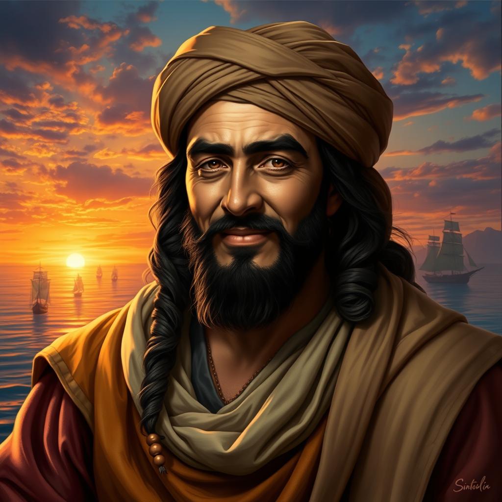A hyper-realistic portrait of Sinbad, the legendary sailor from the tales of the Arabian Nights