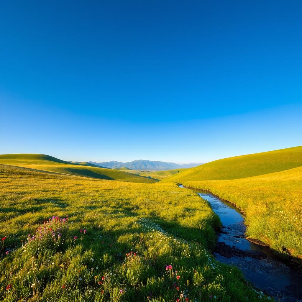 A serene landscape with rolling hills under a clear blue sky, vibrant green grass covering the foreground, and a distant range of gentle mountains