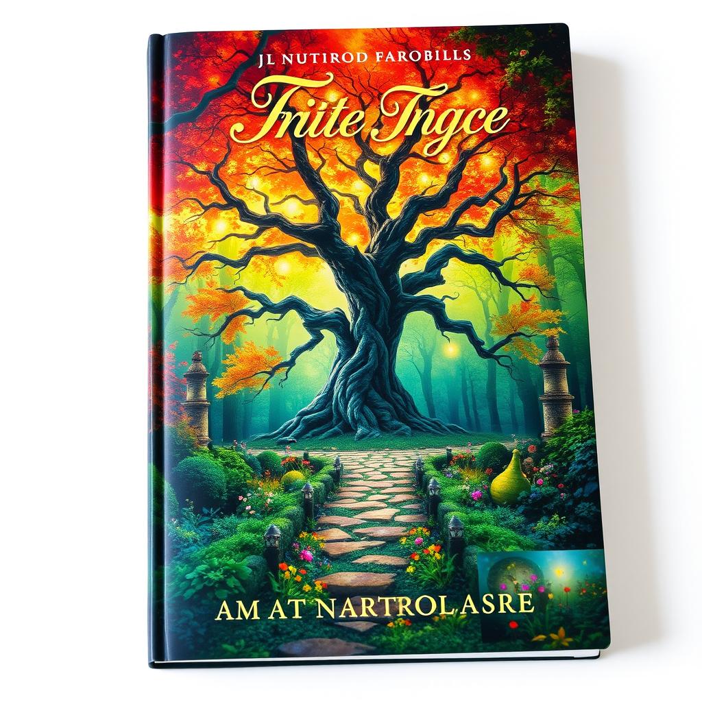 A captivating book cover design featuring an enchanting forest with vibrant colors, rich greens, and splashes of autumn hues