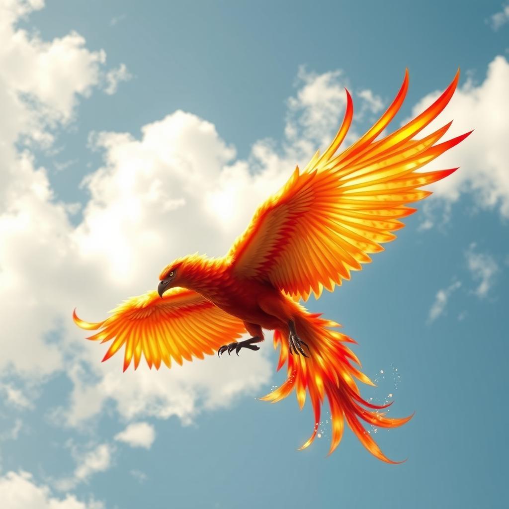 A magnificent phoenix soaring majestically through the sky, its bright flames and vibrant feathers glowing in hues of red, orange, and gold