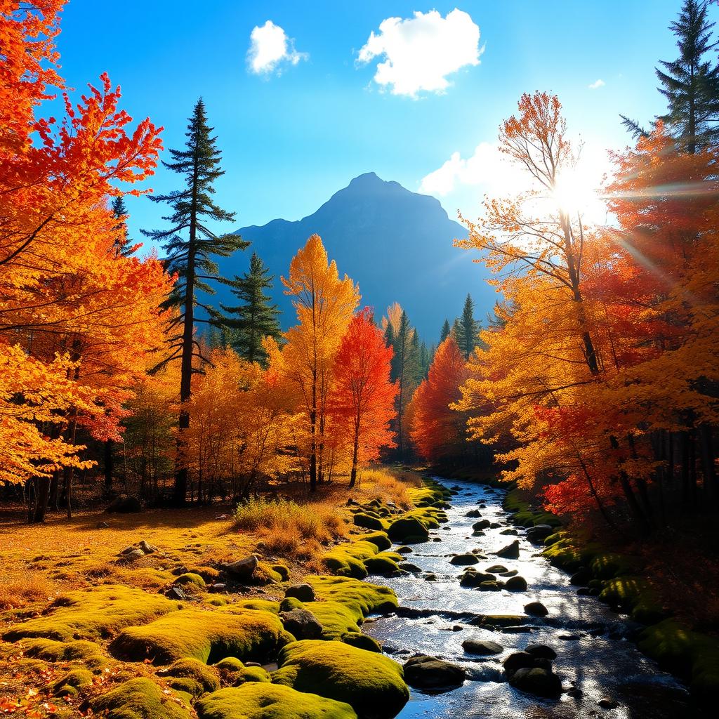 A serene and captivating forest landscape during autumn, with vibrant orange, yellow, and red leaves on the trees