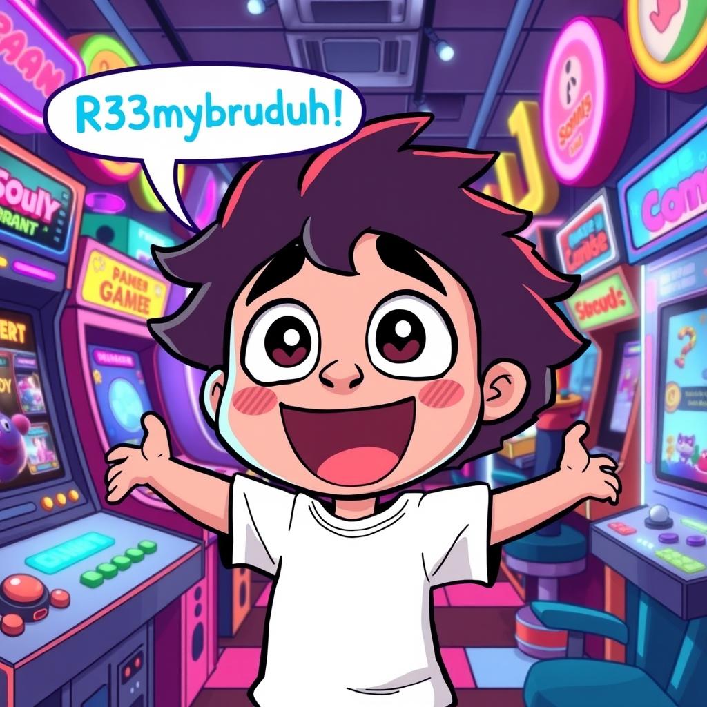 A playful and humorous illustration of a cartoon character overwhelmed with happiness while expressing excitement towards a video game character