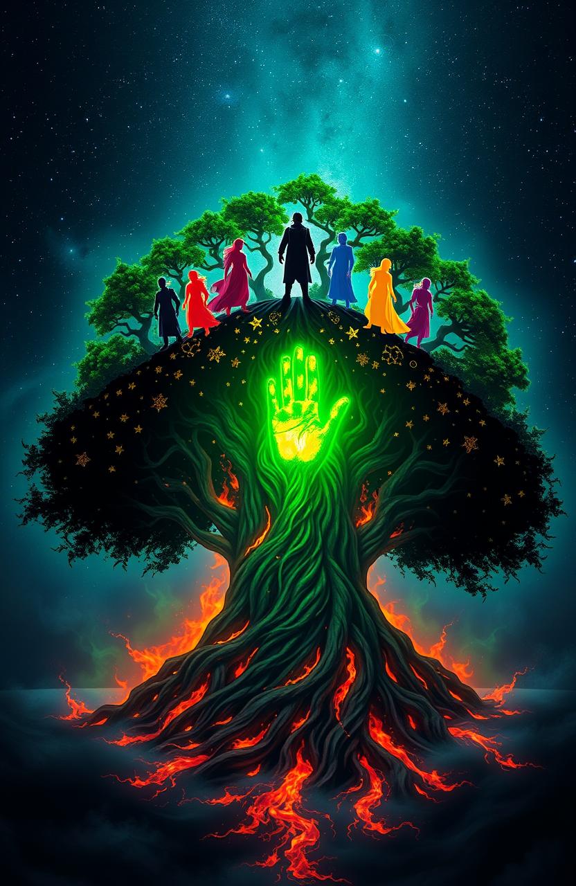 A gigantic, mystical tree surrounded by swirling black fire, with vibrant and magical energy emanating from its roots