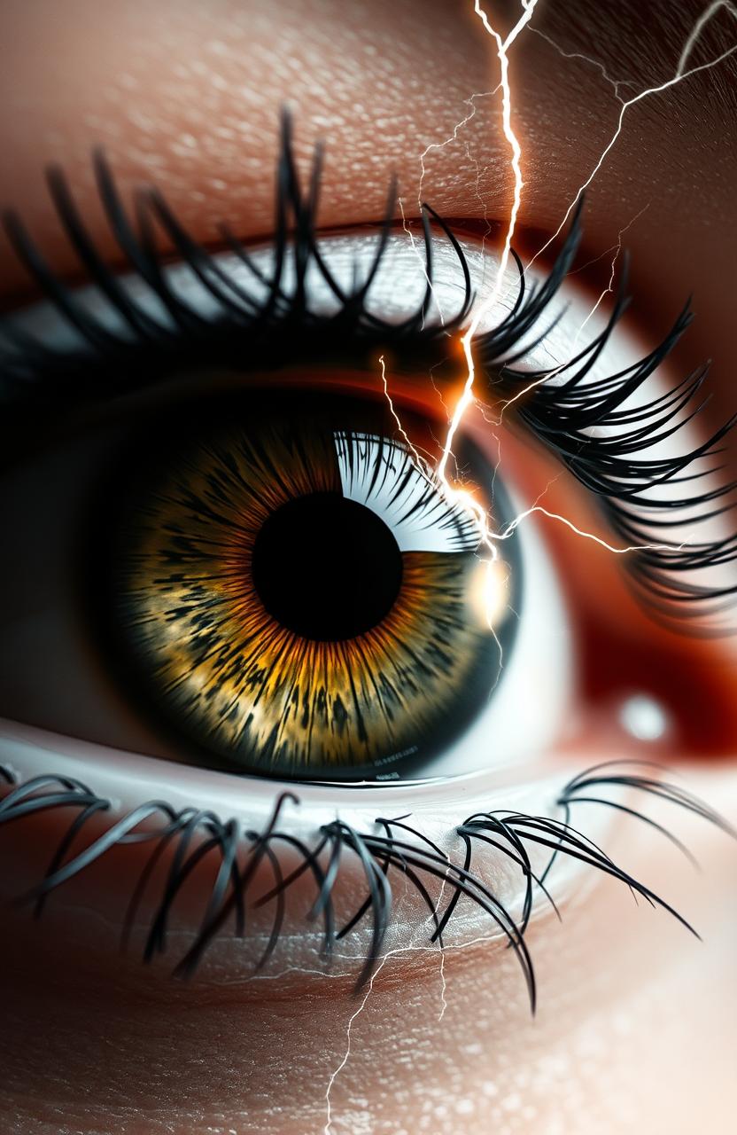 A stunning close-up of an eye, featuring one half appearing normal while the other half is completely white