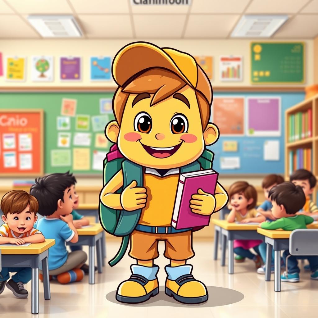 A cheerful and friendly classroom mascot named Caio, symbolizing a dedicated student participating in class activities