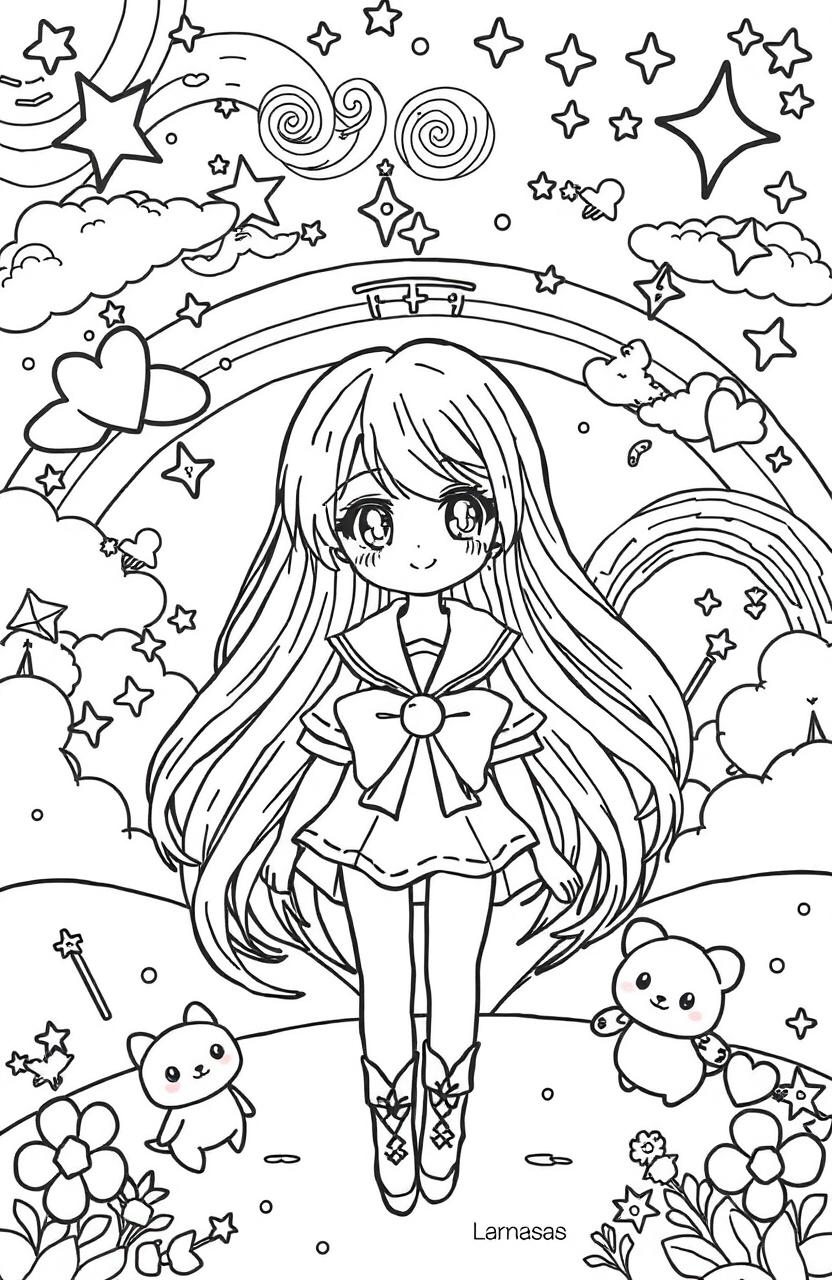 A whimsical coloring book page featuring characters inspired by magical girl themes