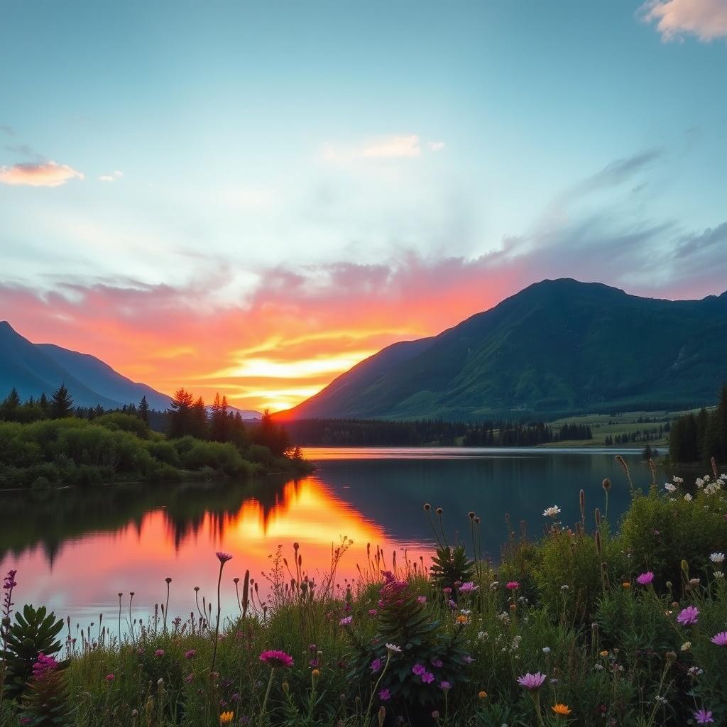 A stunning and vibrant wallpaper for an iPhone, featuring a picturesque landscape with a serene lake reflecting the colorful hues of a sunrise