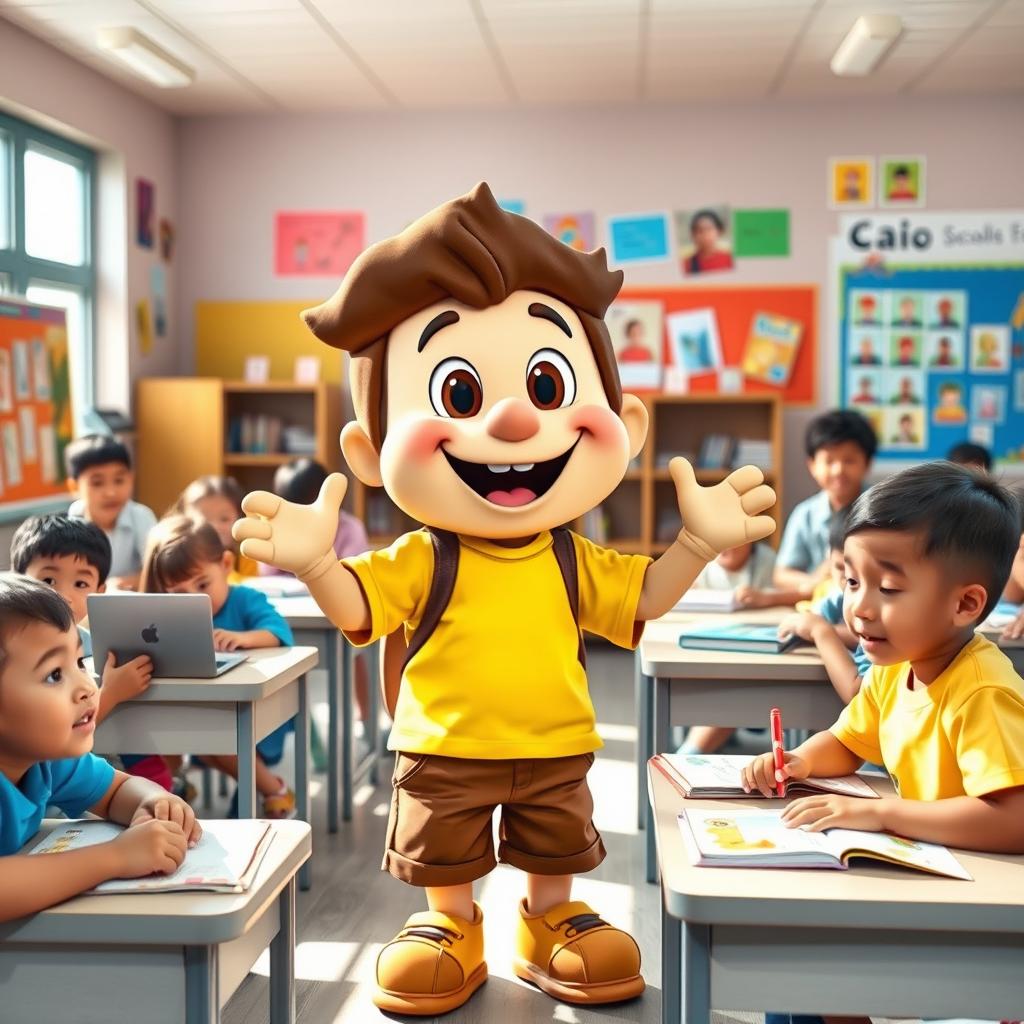 A lively and engaging classroom scene featuring a cheerful mascot named Caio, who represents a student in the class