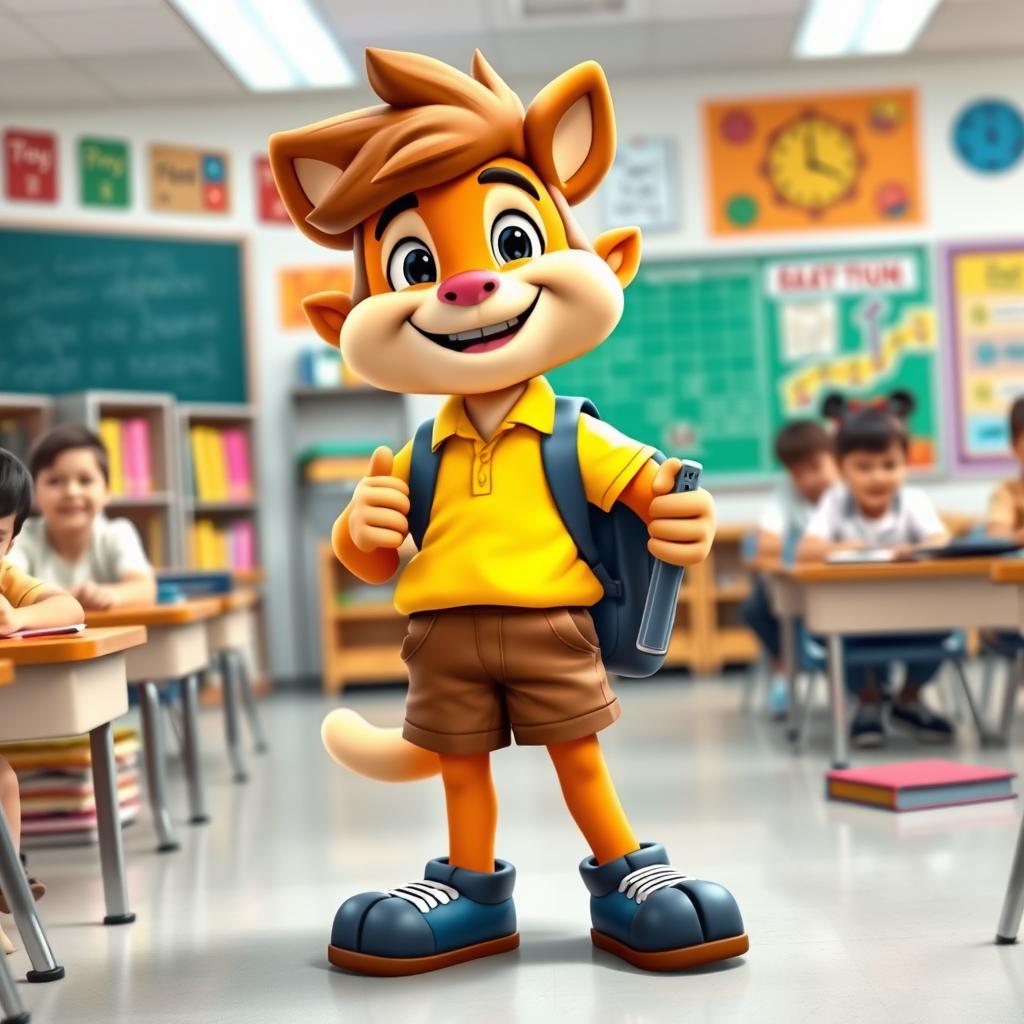 An anthropomorphic mascot named Caio, designed to symbolize a student in a classroom setting