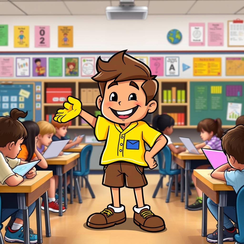 A cheerful character named Caio, designed as a student mascot representing the class
