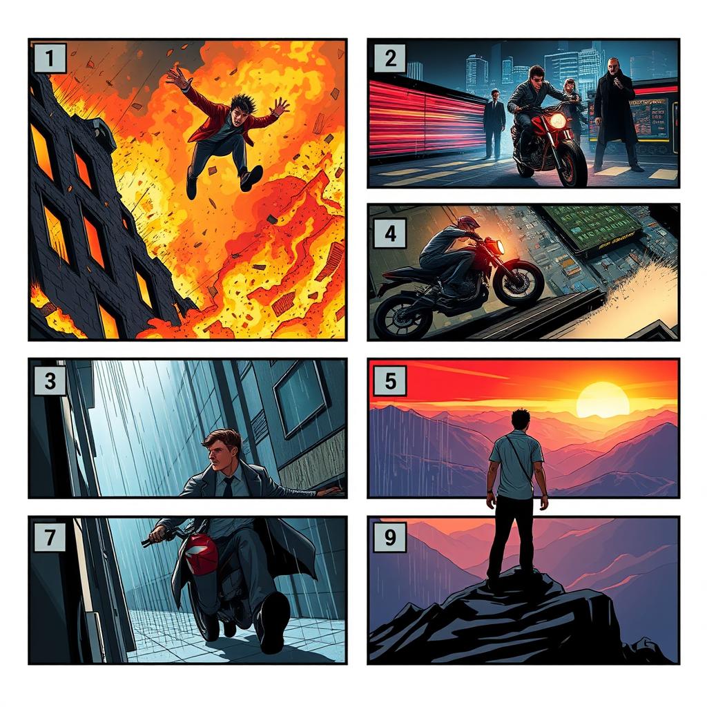 A dynamic storyboard illustration showcasing a series of dramatic scenes from an action-packed adventure film